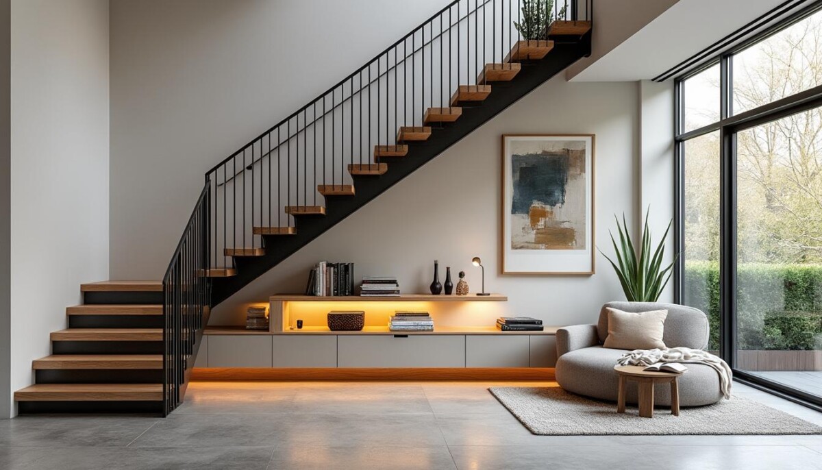 découvrez des idées pratiques et design pour aménager l'espace sous un escalier ouvert, optimiser votre intérieur avec style et fonctionnalité.